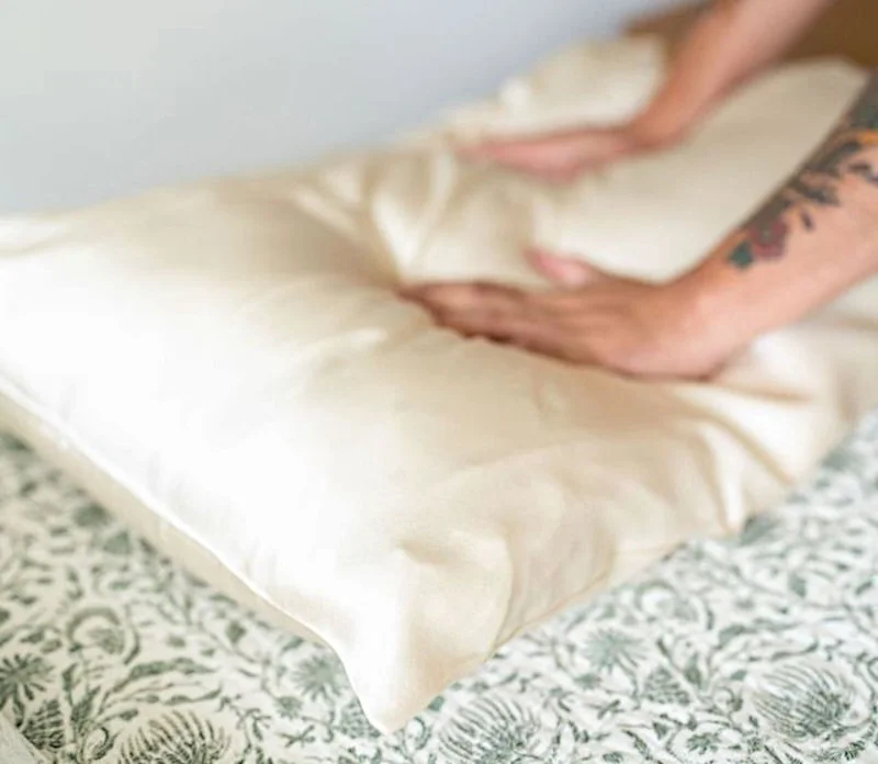 Our tester feeling the Casaluna Silk Pillowcase