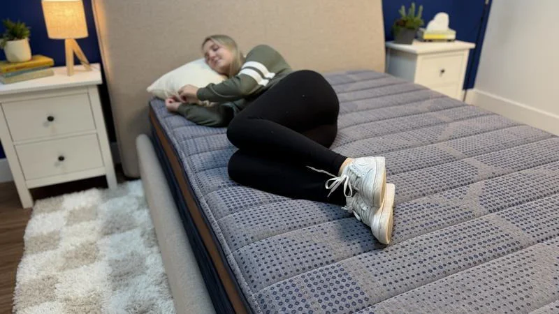 Our tester side sleeping on the Brooklyn Bedding CopperFlex Mattress