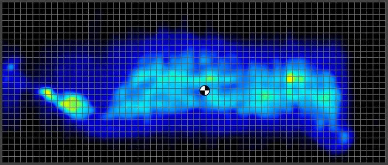 Pressure map of a side sleeping heavyweight tester on the Extra Firm Side of a Brooklyn Bedding Plank Firm Luxe Mattress