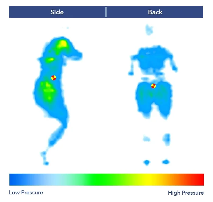 Two side-by-side pressure map graphics of the Nolah Natural. The graphics are mostly blue, with some green and yellow at the shoulders and hips in the side-sleeping position, which indicates moderate pressure buildup.