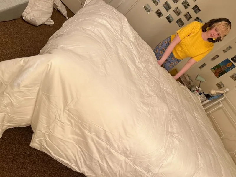 Our tester tucks in a Tester Tucks In A Coop Sleep Goods Adjustable Comforter