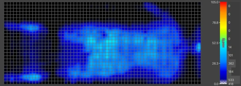 Pressure map of our heavier tester back-sleeping on a Helix Dawn Mattress.