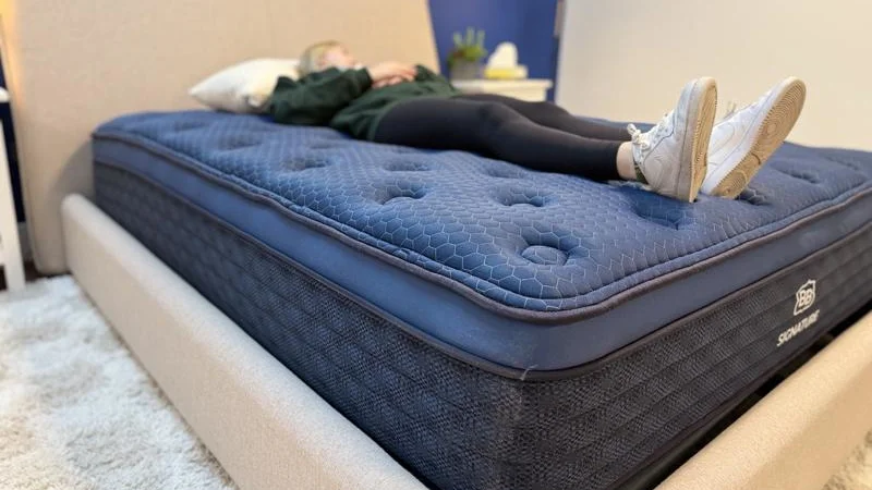 Our tester back sleeping on the Brooklyn Bedding Signature Hybrid Mattress